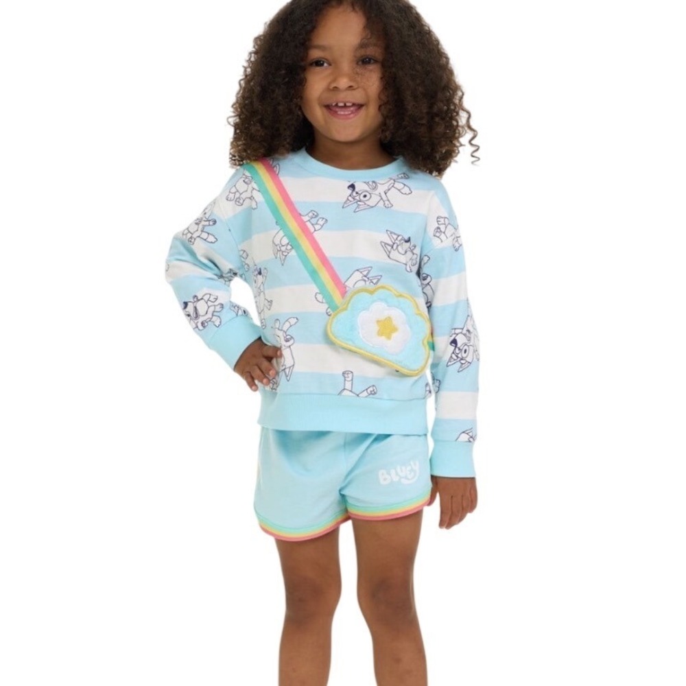 Bluey Sweatshirt and Shorts Set Kids Blue Rainbow NWT 3D Cloud Pouch